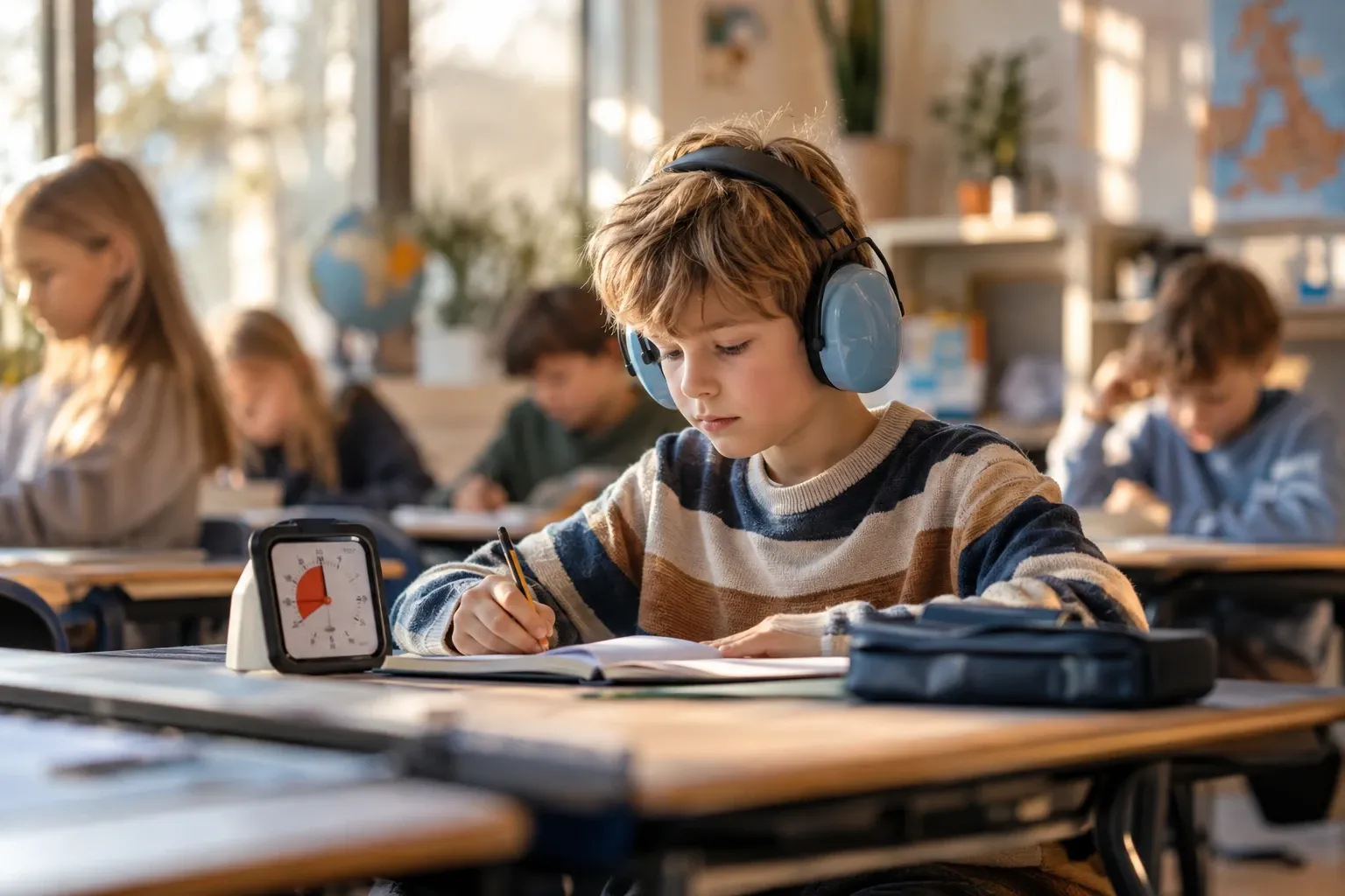 Jongen met koptelefoon schrijft in schrift, tijdtimer op bureau, klas op achtergrond
