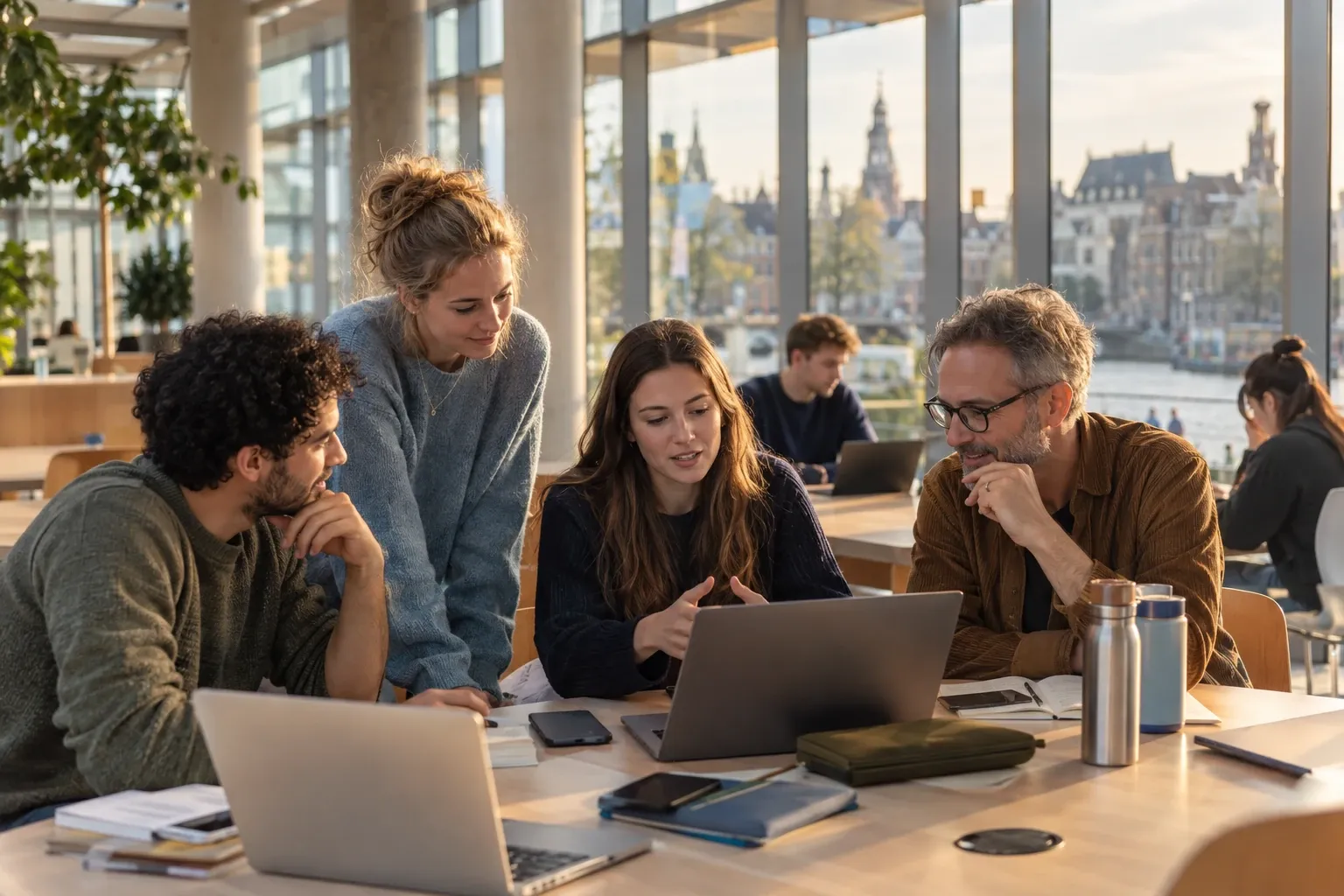 Vier volwassenen bespreken iets op een laptop aan tafel in lichte studieruimte ochtendlicht