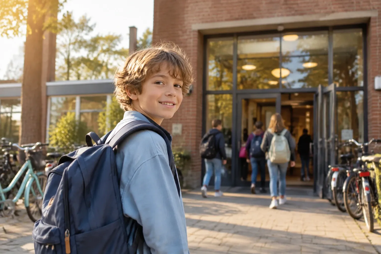 Jong leerling met rugzak kijkt lachend naar camera voor schoolgebouw tijdens ochtendlicht