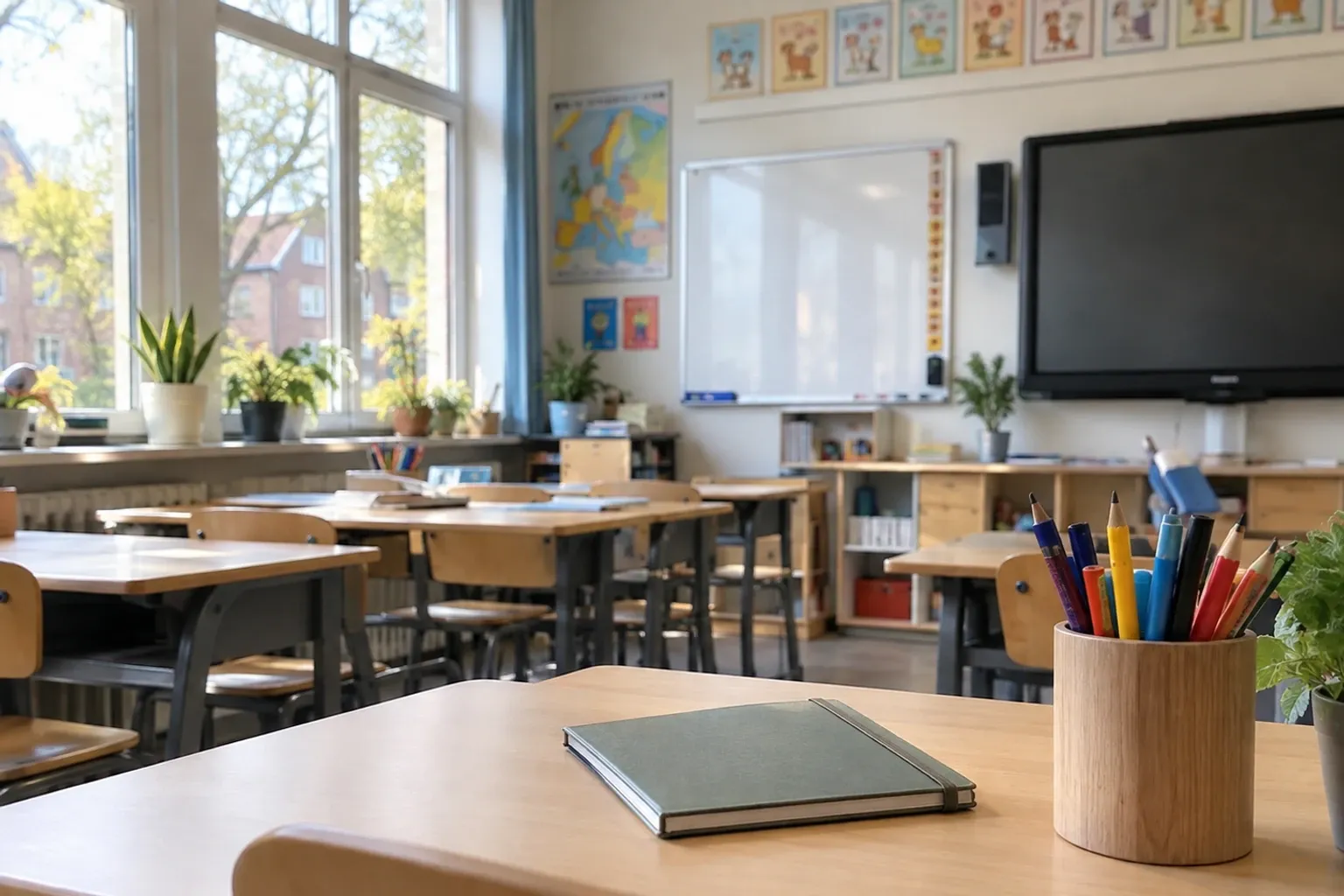 Leeg basisschoolklaslokaal met boek op tafel en pot met kleurpotloden