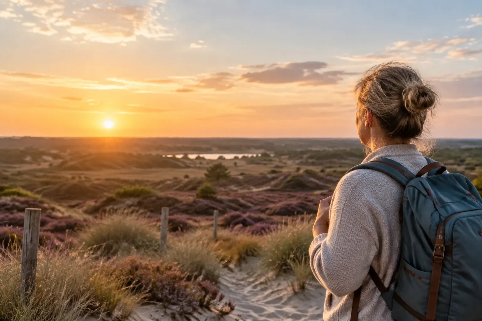 Vrouw met rugzak kijkt vanaf duin naar heide en zonsondergang over landschap
