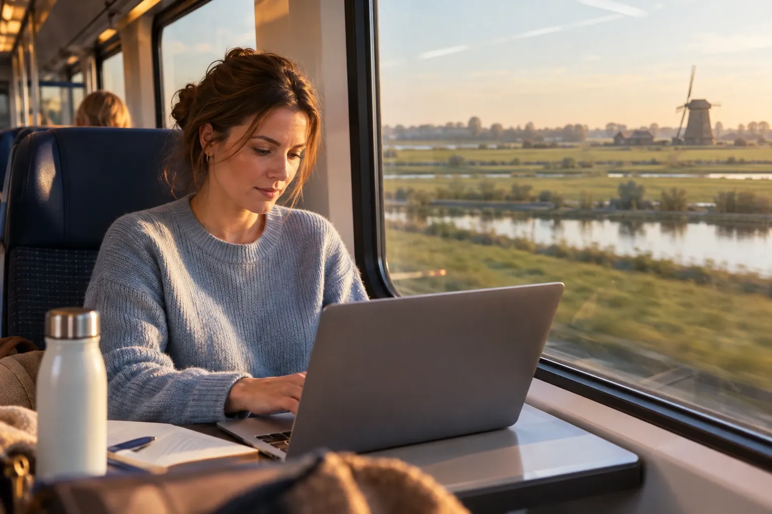 Vrouw in trein werkt op laptop met Nederlandse polder en molen buiten het raam