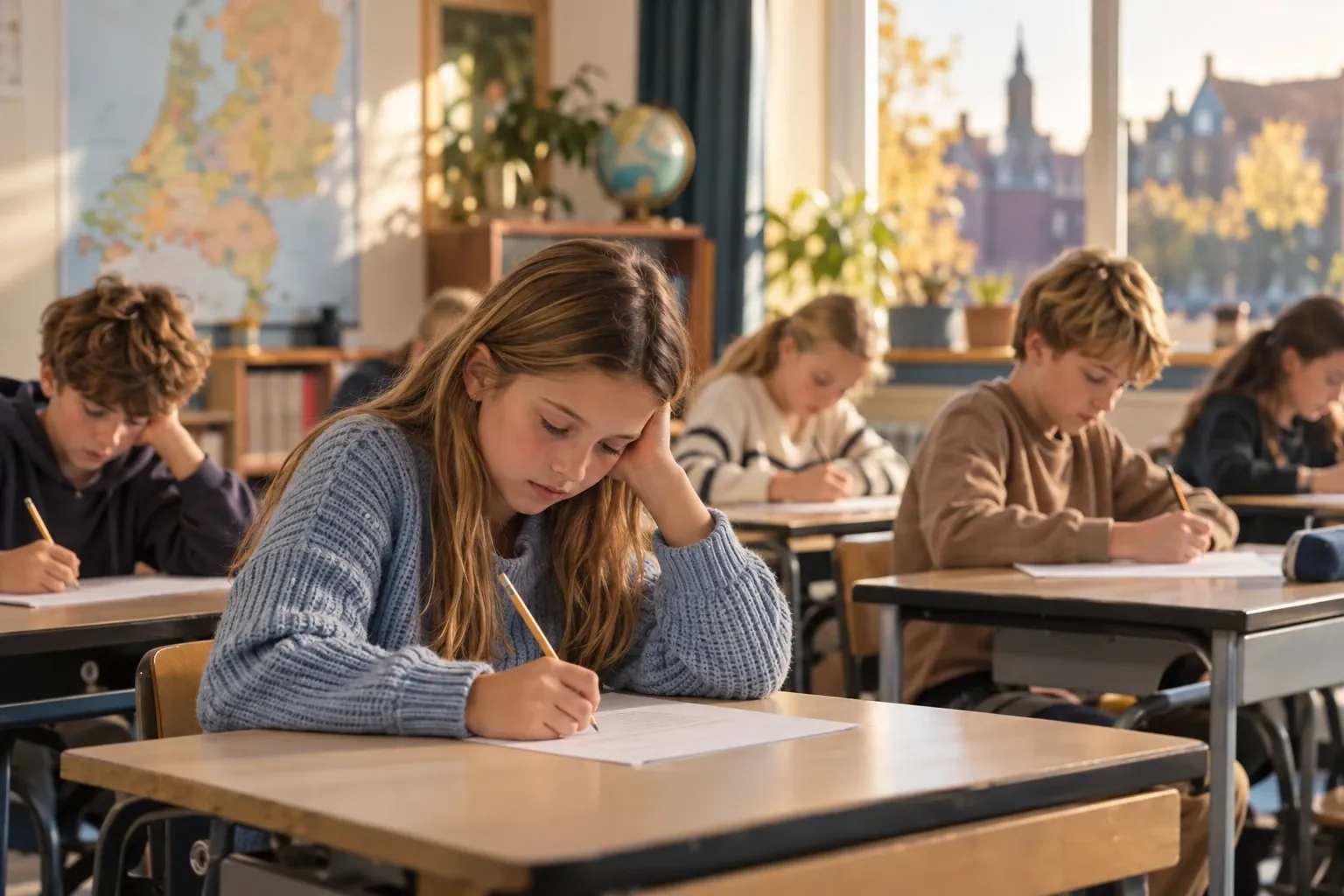 Leerlingen in klas concentreren zich op toetsvragen aan hun tafels