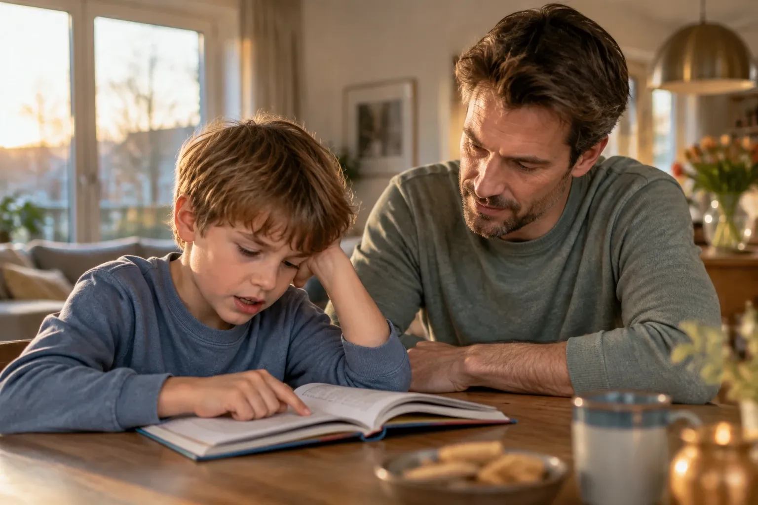 Jongen leest boek aan keukentafel terwijl vader aandachtig meehelpt, warm licht