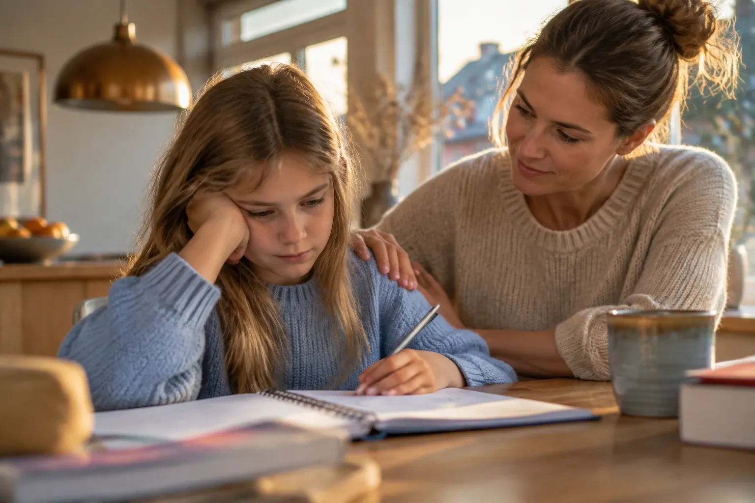 Meisje met somber gezicht maakt huiswerk terwijl moeder troostend hand op schouder legt