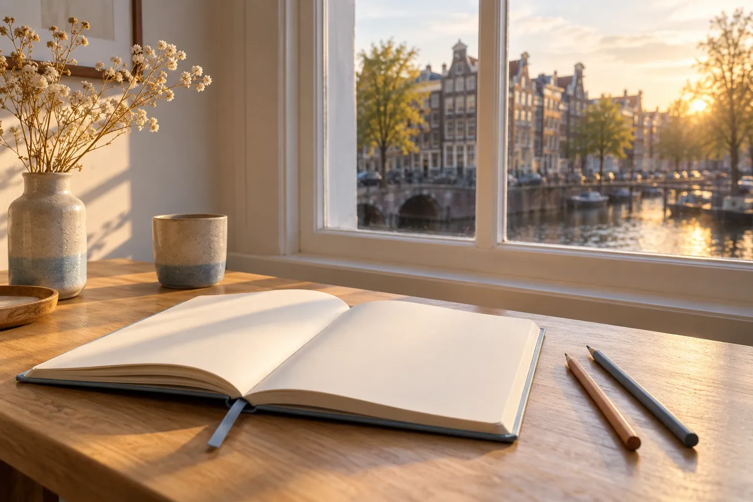Open notitieboek, potloden en vaas op houten bureau bij raam met grachtzicht in avondlicht