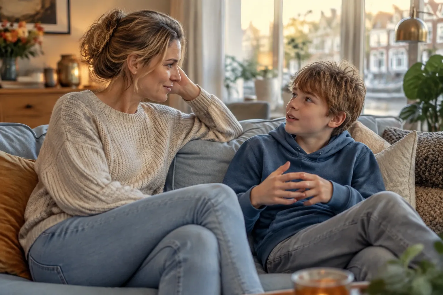 Vrouw en jongen zitten op bank en voeren aandachtig gesprek in warme woonkamer