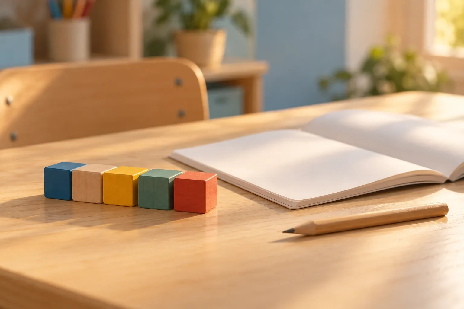 Open schrift, potlood en rij gekleurde houten blokken op houten schooltafel