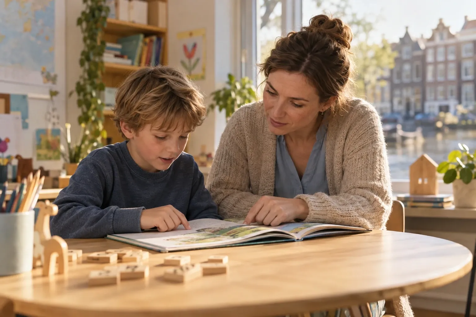 Vrouw begeleidt jongen van negen bij lezen aan tafel met open boek en houten letters