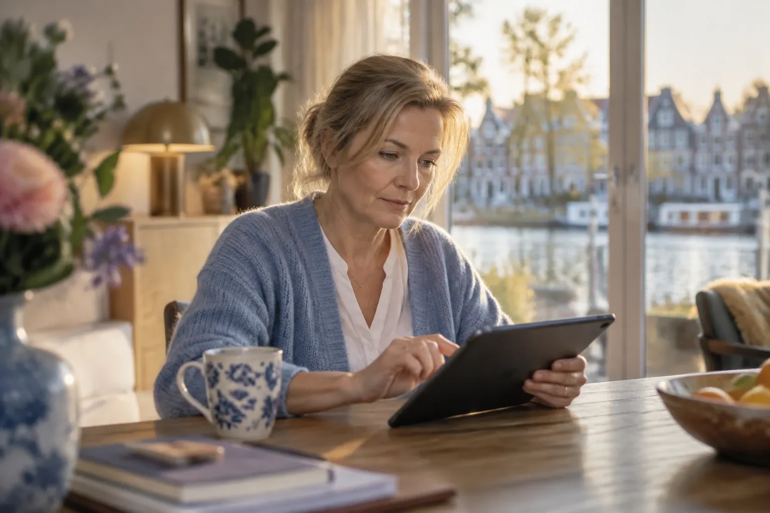 Vrouw aan tafel thuis gebruikt tablet, mok naast haar, grachtenpand in achtergrond