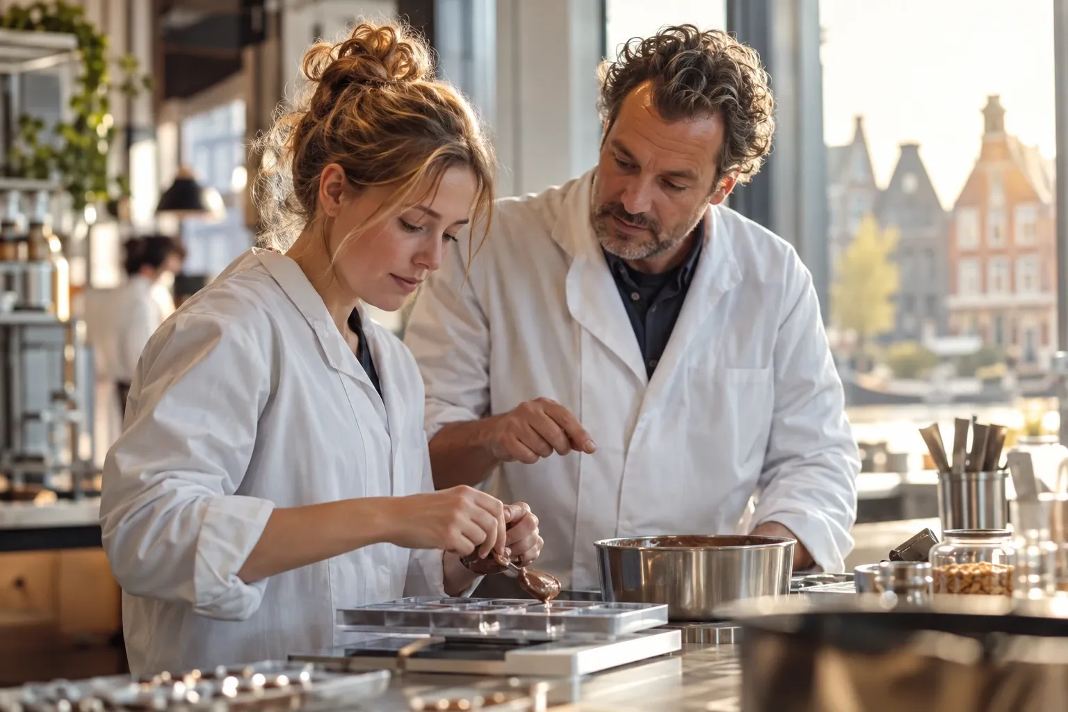 Twee mensen in witte jassen maken chocoladebonbons in een lichte keukenlaboratoriumomgeving