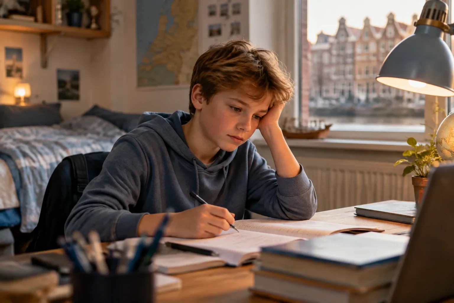 Tiener jongen aan bureau met boeken en laptop, verveeld huiswerk makend onder lamplicht