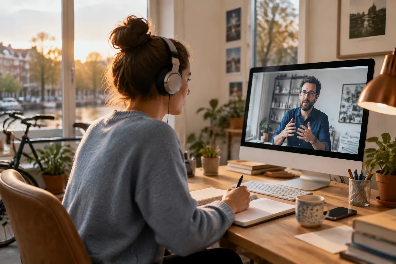 Student thuis met koptelefoon volgt online les op desktop, notities makend tijdens videocollege
