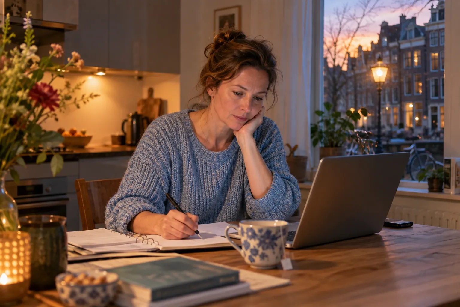 Vrouw thuis aan keukentafel studerend met laptop, notities en kop thee tijdens avondlicht