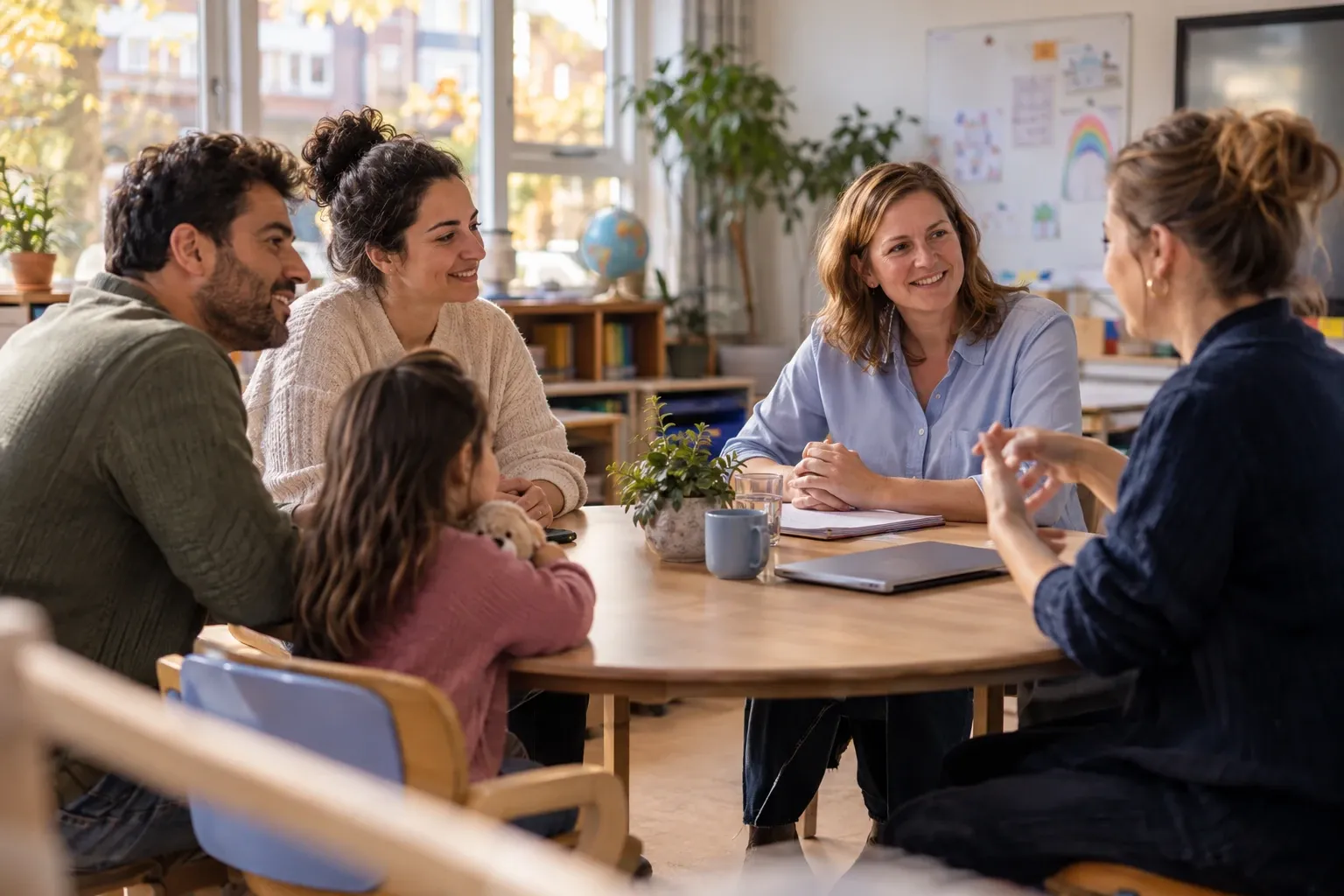 Ouders en kind in gesprek met leerlingvolgteam rond tafel in lichte schoolruimte