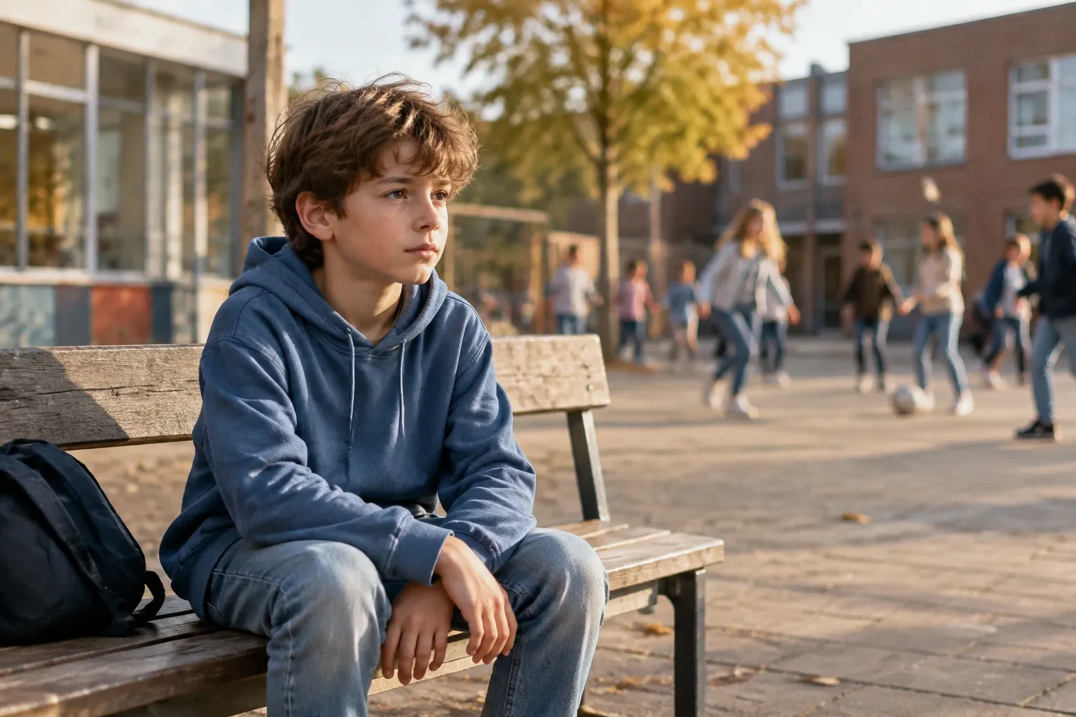 Jongen in blauw hoodie zit alleen op bankje op schoolplein, klasgenoten op achtergrond