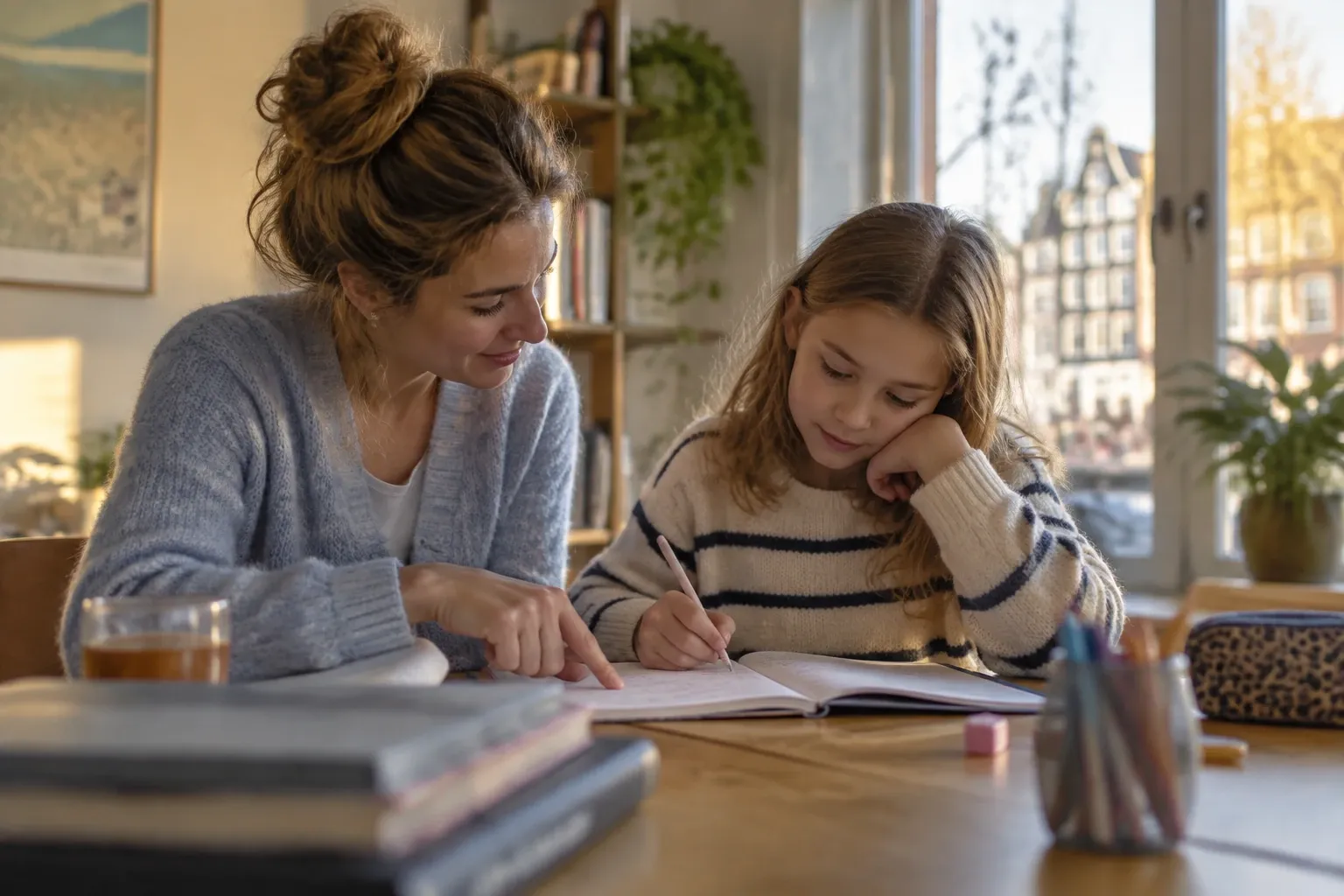 Vrouw begeleidt meisje bij huiswerk aan tafel, schrift en potloden zichtbaar