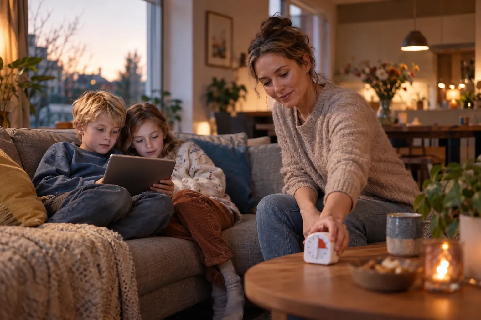 Moeder zet timer op tafel terwijl twee kinderen tablet delen op de bank