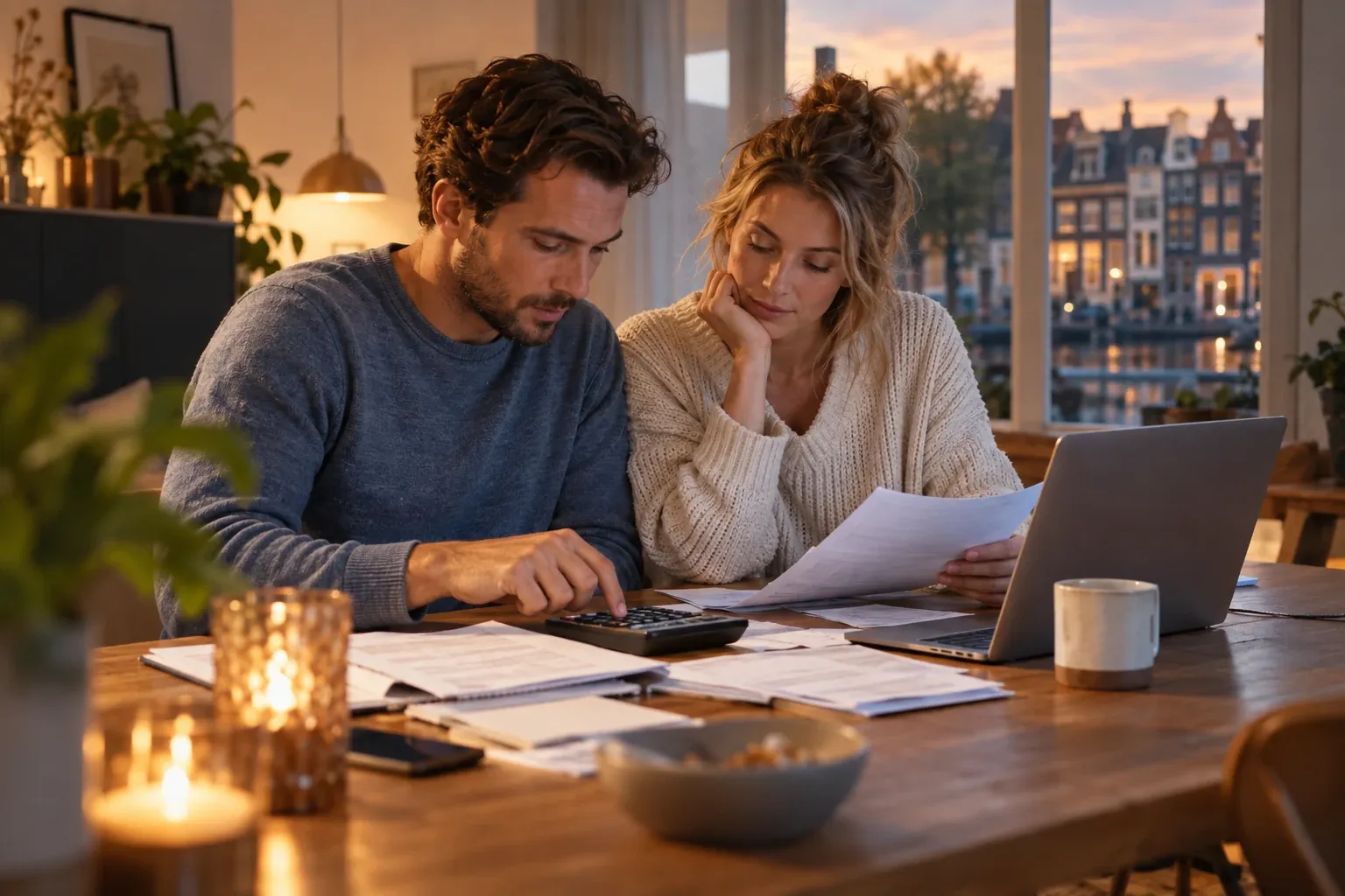 Man en vrouw aan tafel rekenen papieren door met laptop en rekenmachine bij kaarslicht