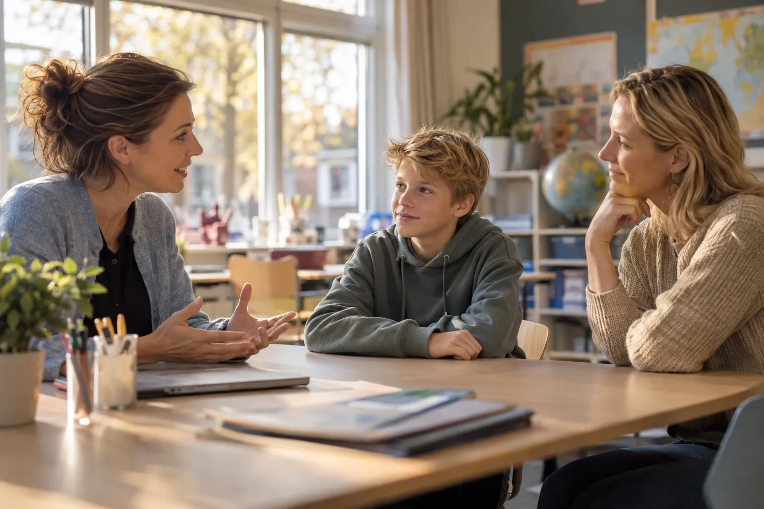 Leerkracht praat met groep 8-leerling en ouder aan tafel in klaslokaal