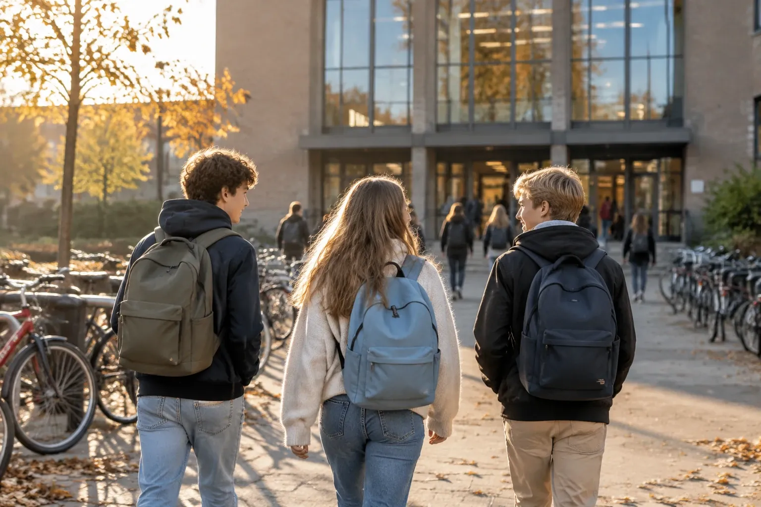 Drie middelbare scholieren met rugzakken lopen naar schoolgebouw bij laag zonlicht